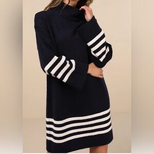 Lulus Navy Striped Mock Neck Mini Sweater Dress Women’s Size M